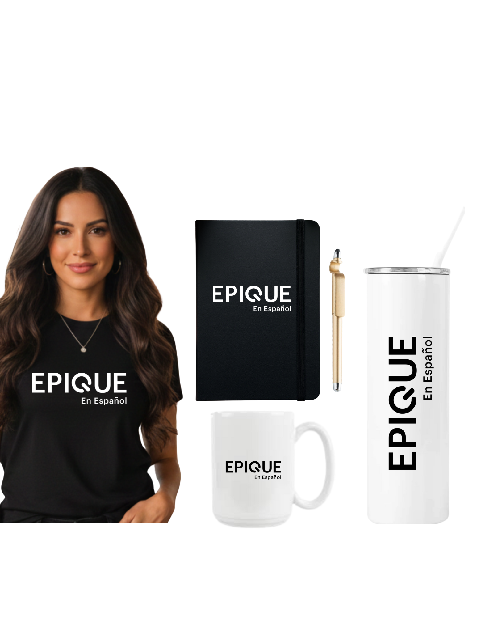 Epique en Español Work On The Go Kit | Official T-shirt, 20 oz Insulated Tumbler, Epique en Español Ceramic Mug, Journal w/ Pen
