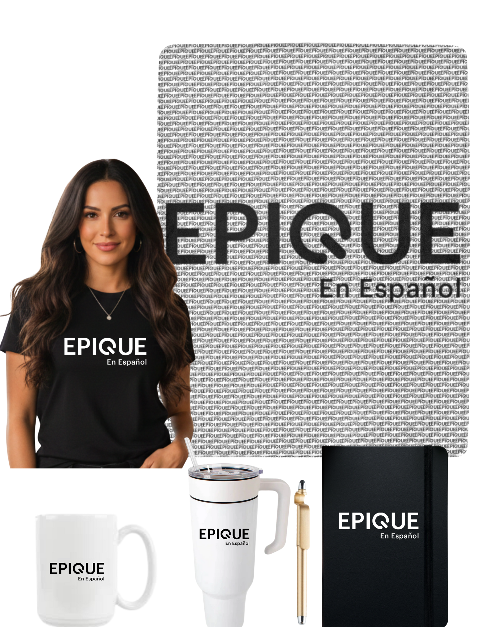 Epique en Español Deluxe Work From Home Kit | Official T-shirt, 40 oz Tumbler, 60"x80" Fleece Blanket, Epique en Español Ceramic Mug, Journal w/ Pen
