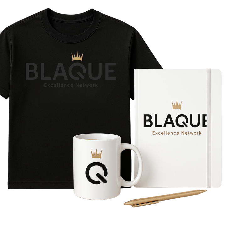 BLAQUE Excellence Network Starter Kit | Official T-shirt, BLAQUE Power Q Ceramic Mug, Journal w/ Pen