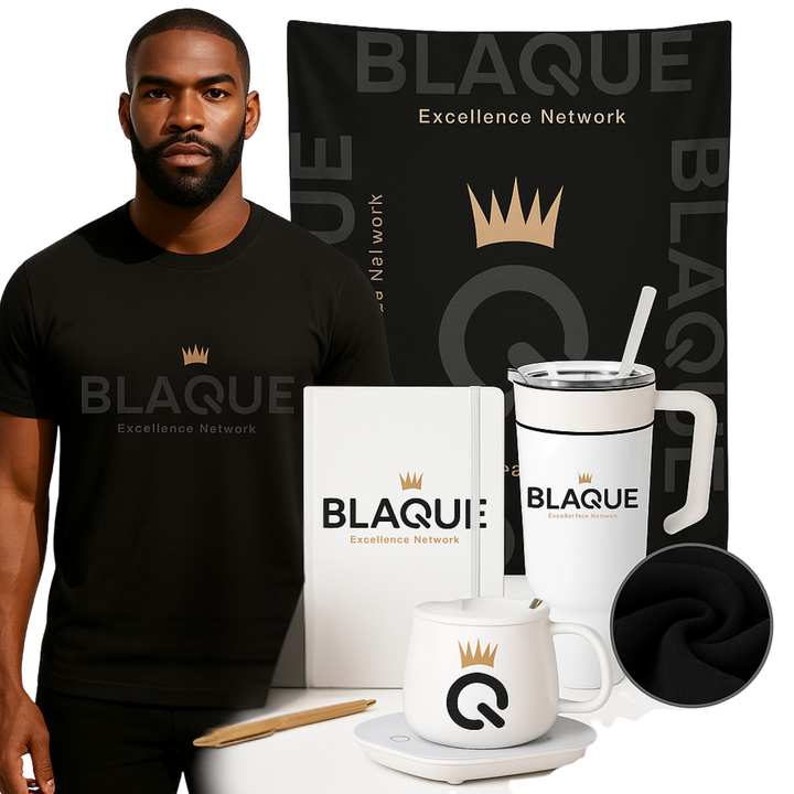 BLAQUE Excellence Network Deluxe Work From Home Kit | Official T-shirt, 40 oz Tumbler, 60"x80" Fleece Blanket, BLAQUE Power Q Mug w/ Heated Base, Journal w/ Pen