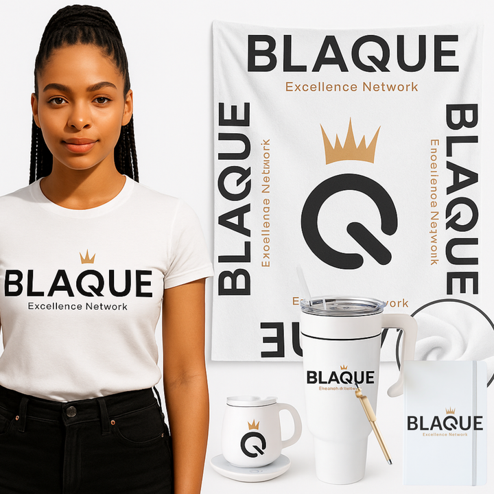 BLAQUE Excellence Network Deluxe Work From Home Kit | Official T-shirt, 40 oz Tumbler, 60"x80" Fleece Blanket, BLAQUE Power Q Mug w/ Heated Base, Journal w/ Pen