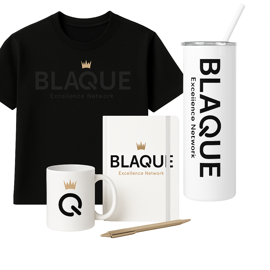 BLAQUE Excellence Work On The Go Kit | Official T-shirt, 20 oz Insulated Tumbler, BLAQUE Power Q Ceramic Mug, Journal w/ Pen