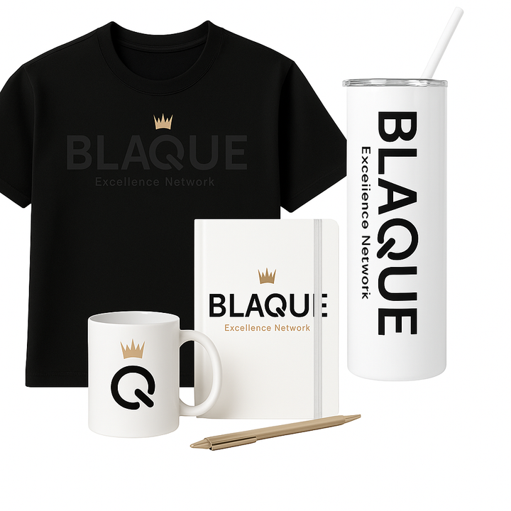 BLAQUE Excellence Work On The Go Kit | Official T-shirt, 20 oz Insulated Tumbler, BLAQUE Power Q Ceramic Mug, Journal w/ Pen