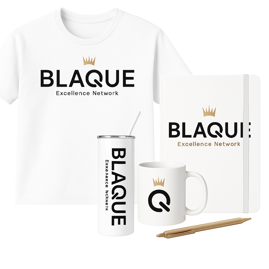 BLAQUE Excellence Work On The Go Kit | Official T-shirt, 20 oz Insulated Tumbler, BLAQUE Power Q Ceramic Mug, Journal w/ Pen