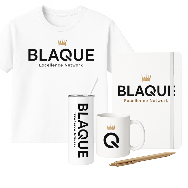 BLAQUE Excellence Work On The Go Kit | Official T-shirt, 20 oz Insulated Tumbler, BLAQUE Power Q Ceramic Mug, Journal w/ Pen