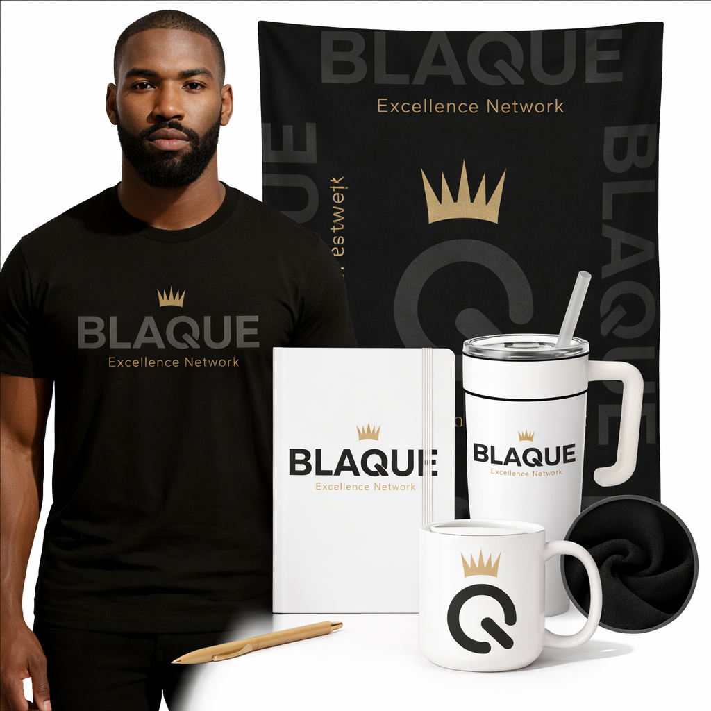 BLAQUE Excellence Network Deluxe Work From Home Kit | Official T-shirt, 40 oz Tumbler, 60"x80" Fleece Blanket, BLAQUE Power Q Mug, Journal w/ Pen